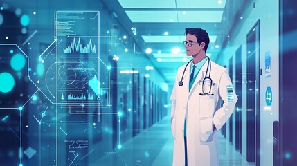 Doctor in hospital hallway with technology and data overlay for healthcare innovation concept art