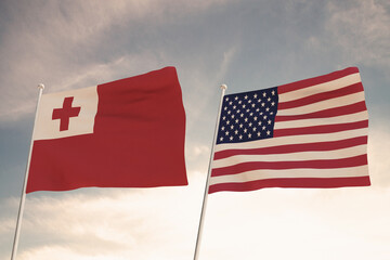 Relations between the countries of the United States of America USA and TONGA represented by the concept of two flags waving against a cloudy sky.3d render.