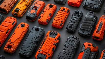 Rugged phone cases arranged on dark surface