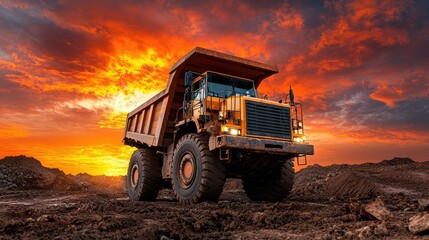 Majestic Sunset Over Mining Operation: A Heavy-Duty Mining Truck Dominates the Fiery Horizon