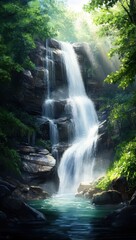 Obraz premium Waterfall in the forest, sunlight filtering through the trees, mist rising from the water, a majestic waterfall, phone wallpaper