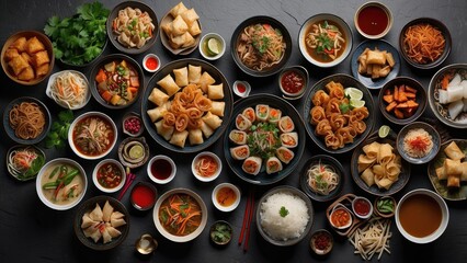 High-angle, full shot of various Asian dishes arranged on a dark gray stone surface.