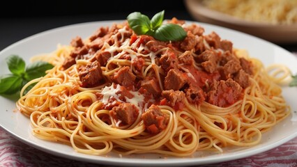 A close-up of a plate of spaghetti coated in a rich,