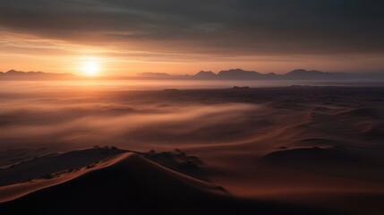 Naklejka premium Sunrise over a desert dune landscape, shrouded in mist. Misty desert sunrise
