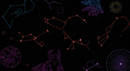 Mystical celestial line art, constellations and zodiac signs against a dark starry night