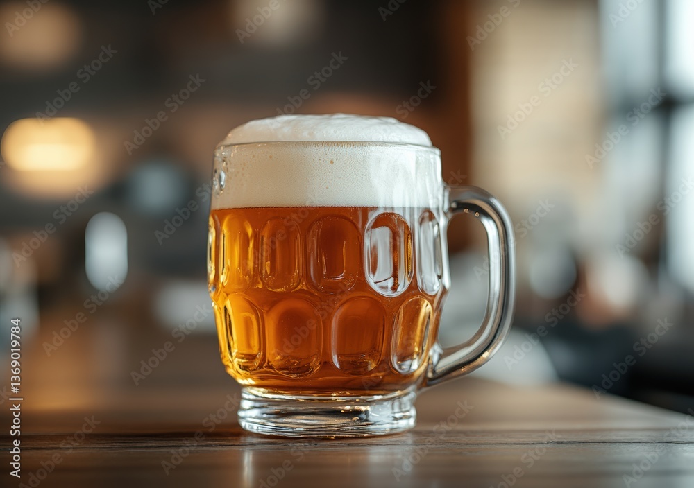 Poster large beer mug overflowing with foam sitting on bar counter