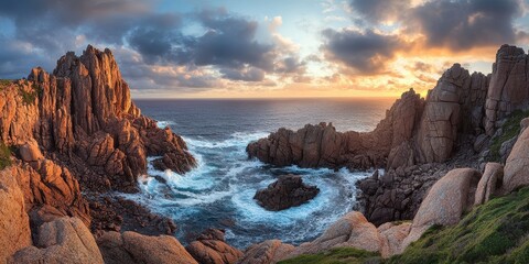 A stunning coastal landscape at sunset with rocky formations and turbulent waves.