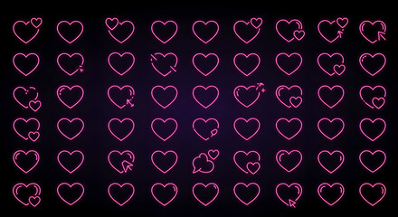 Assortment of Luminous Neon Heart Icons Displayed Against a Dark Backdrop