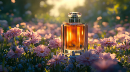 Product photography of a perfume bottle with flowers in the background, captured during the golden hour with a shallow depth of field, high-resolution photography, and a hyper-realistic style