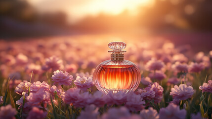 Product photography of a perfume bottle with flowers in the background, captured during the golden hour with a shallow depth of field, high-resolution photography, and a hyper-realistic style