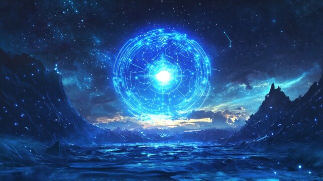 Stunning zodiac signs in a circle with a glowing sun, set against a dark starry sky