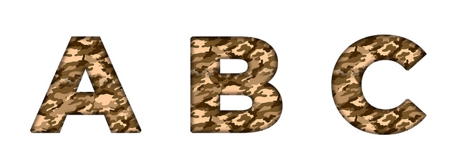 A, B, C  Desert Camouflage Camo Army Military Alphabet letter text typography font copy transparent