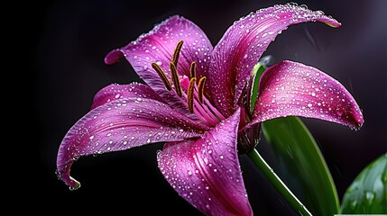 Purple Lily Flower with Dew Drops: A Stunning Macro Photograph