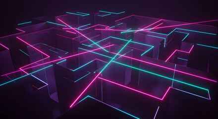 Abstract maze of neon laser lines reflecting in a mirrored structure