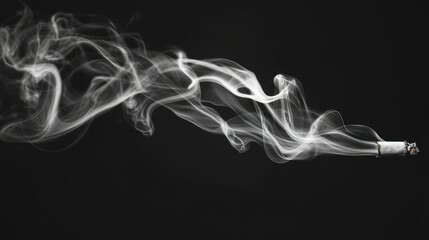 Fototapeta premium A cigarette with smoke curls against a stark black background. Smoking kills.