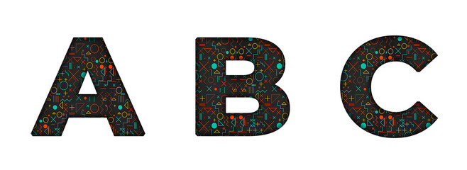 A, B, C  Geometric Designs patterns Alphabet letter text typography font copy transparent