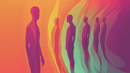 Abstract silhouettes of people in a colorful, layered background