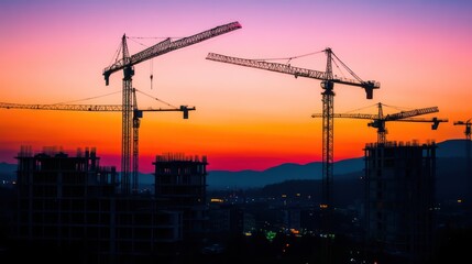 Construction Cranes at Sunset over City
