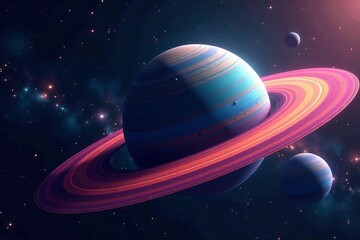 Vibrant planets with colorful rings orbiting in deep space, astronomy, cosmos