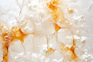 Popcorn, caramel, bubbles, white surface, abstract food art