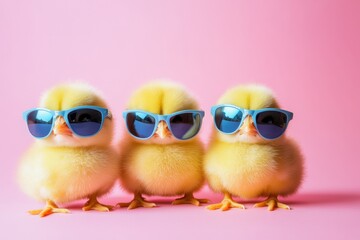 Three fluffy yellow chicks in blue sunglasses on a bright pink background   fun and playful imagery