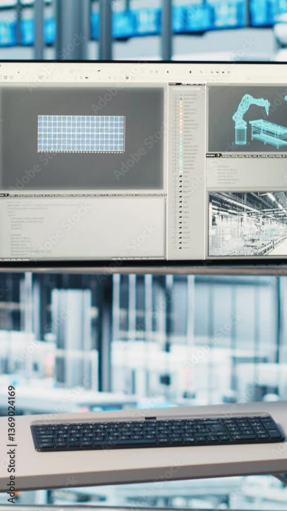 Poster vertical video monitor in smart photovoltaics factory displaying real time system performance metric