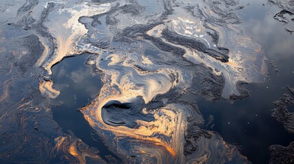 Fototapeta premium Abstract natural background featuring swirling patterns of oil slick on a body of water at dusk, showcasing vibrant colors and intriguing textures in a unique composition
