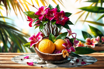 Tropical arrangement with vibrant pink flowers and ripe fruits in a coconut shell bowl.  A refreshing and natural centerpiece on a wooden surface, evoking a summery and exotic feel.