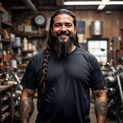 Obraz premium a heavy set man with a beard motorcycle biker gang member portrait. rugged man, tough guy, burly man, outlaw biker, motorcycle gang, biker portrait, leather jacket, bearded biker, biker culture, fat