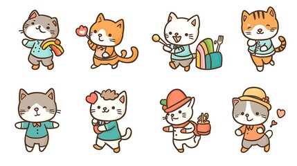 Fototapeta premium design cute animal sticker wear suite with line color style more action in white background isolated on white,clip art ,remain space between border each corner and rainbow and toy and hat and heart 