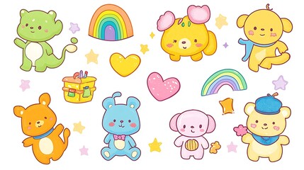 Obraz premium design cute animal sticker wear suite with line color style more action in white background isolated on white,clip art ,remain space between border each corner and rainbow and toy and hat and heart 