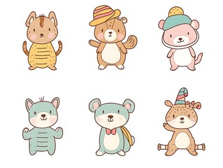 Obraz premium design cute animal sticker wear suite with line color style more action in white background isolated on white,clip art ,remain space between border each corner and rainbow and toy and hat and heart 