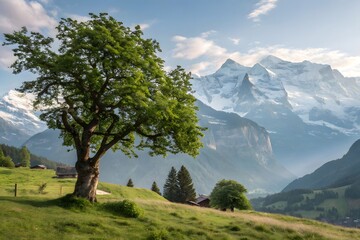 A stunning natural scenery featuring a lone green tree on a hillside, overlooking majestic snow-capped mountains and a valley.