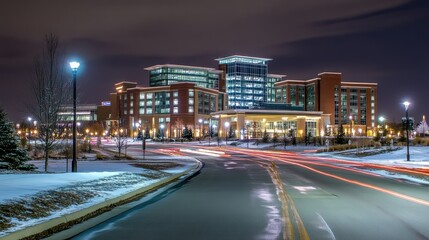 Modern building exterior at night with streaks of car lights in the winter.