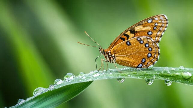 A butterfly with dew drops on a blade of grass, a close-up nature scene.