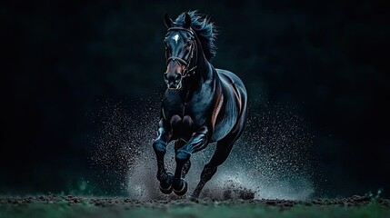 Naklejka premium Majestic Black Stallion in Motion: A Nighttime Equestrian Masterpiece