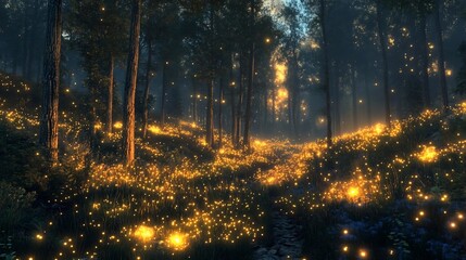 Enchanted Forest Night Scene with Glowing Fireflies