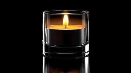 Illuminated candle in glass holder on black background for relaxation and meditation practices at home