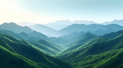 Obraz premium Digital Art Landscape Of Green Mountains Under Soft Sunlight