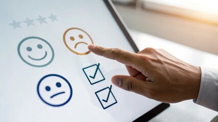 a hand touching the sad face icon on a digital tablet screen with feedback indicators