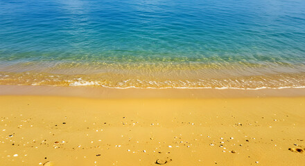 Serene waters washing ashore on golden sands, adorned with delicate seashell fragments