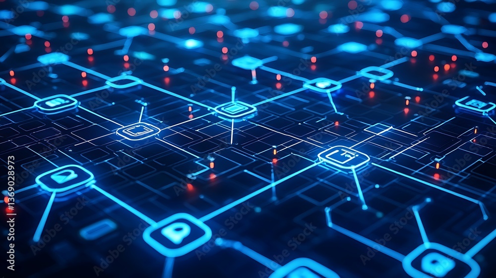 Poster complex network of interconnected digital circuits. glowing blue and red lines and symbols demonstra
