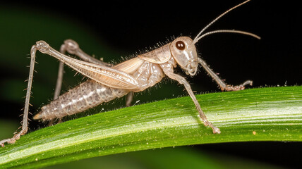 Close up shot of small grasshopper perched on green leaf, showcasing its delicate features and intricate details