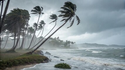 powerful winds and heavy rain pummel a tropical coastline, palm trees bent against the relentless forces of nature