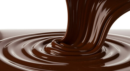 Decadent melted chocolate cascade with swirling viscosity creates mesmerizing abstract flow