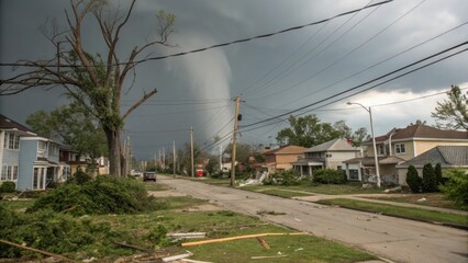 Naklejka premium A massive tornado descends upon a residential neighborhood, the sky is a swirling mass of ominous clouds, creating a scene of both natural power and potential destruction.