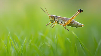 grasshopper leaps gracefully above vibrant green grass, showcasing its intricate details and dynamic movement in nature
