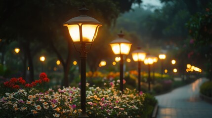 A row of glowing lanterns line a flower-filled path at dusk, creating a tranquil scene.