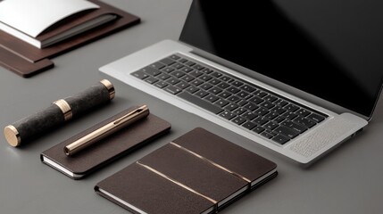 A close-up shot of a business desk featuring a modern laptop, a notebook, and a stylish luxury pen, arranged in a minimalist design