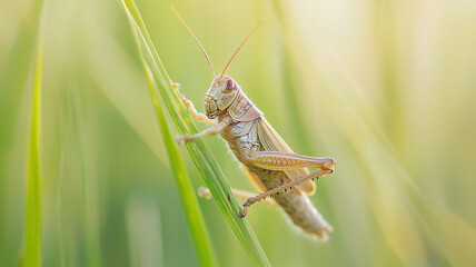small grasshopper perched on green blade of grass, showcasing its delicate features and vibrant colors in serene natural setting